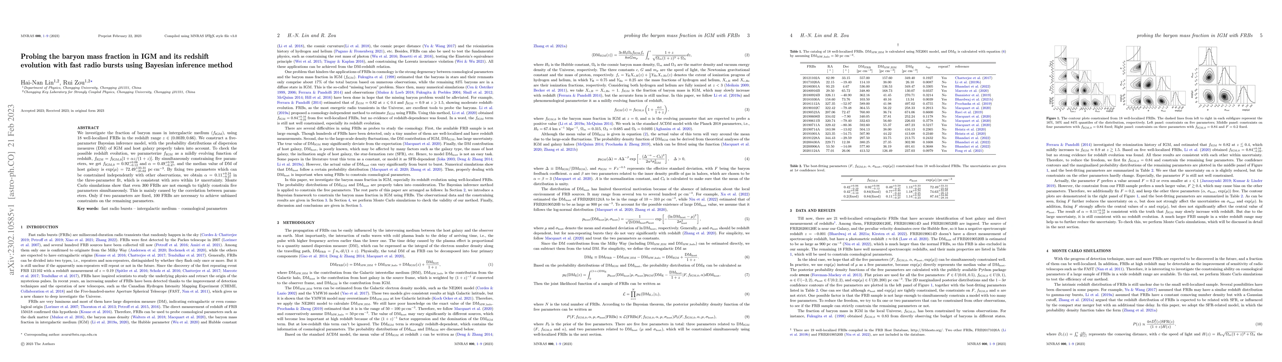 Thumbnail for Probing the baryon mass fraction in IGM and its redshift evolution with
  fast radio bursts using Bayesian inference method