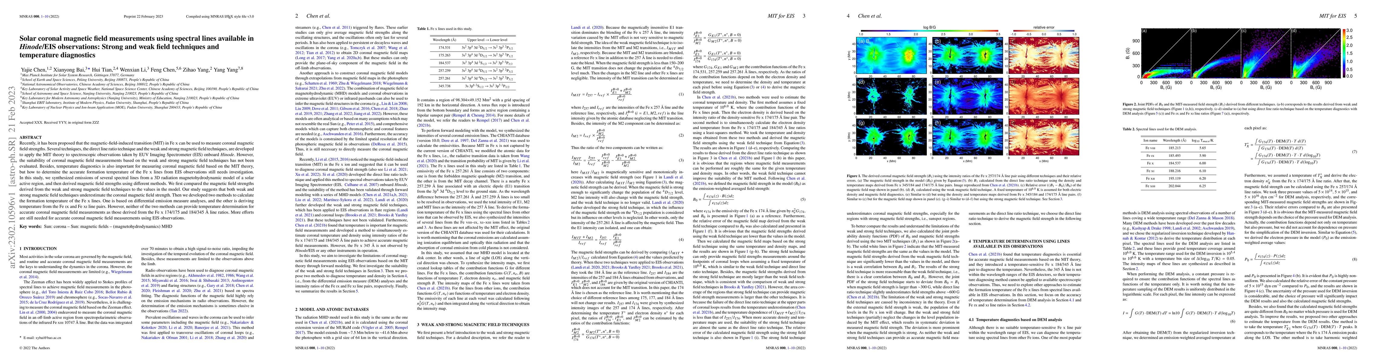 Thumbnail for Solar coronal magnetic field measurements using spectral lines available
  in Hinode/EIS observations: Strong and weak field techniques and temperature
  diagnostics