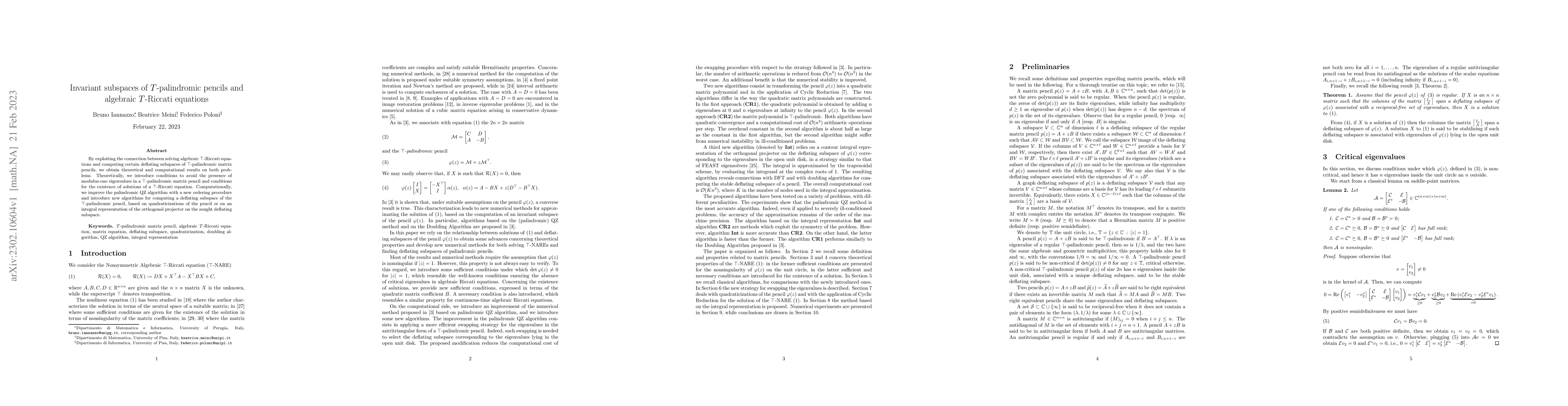 Thumbnail for Invariant subspaces of $T$-palindromic pencils and algebraic $T$-Riccati
  equations
