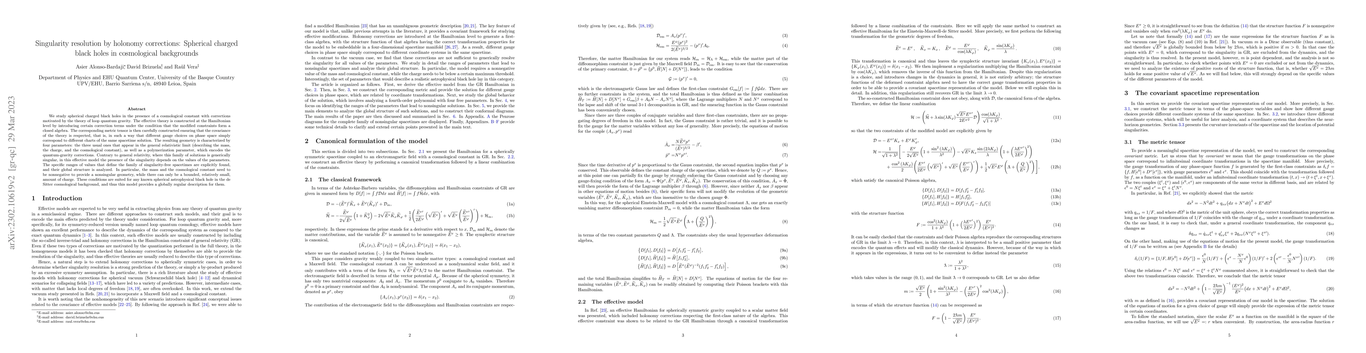 Thumbnail for Singularity resolution by holonomy corrections: Spherical charged black
  holes in cosmological backgrounds
