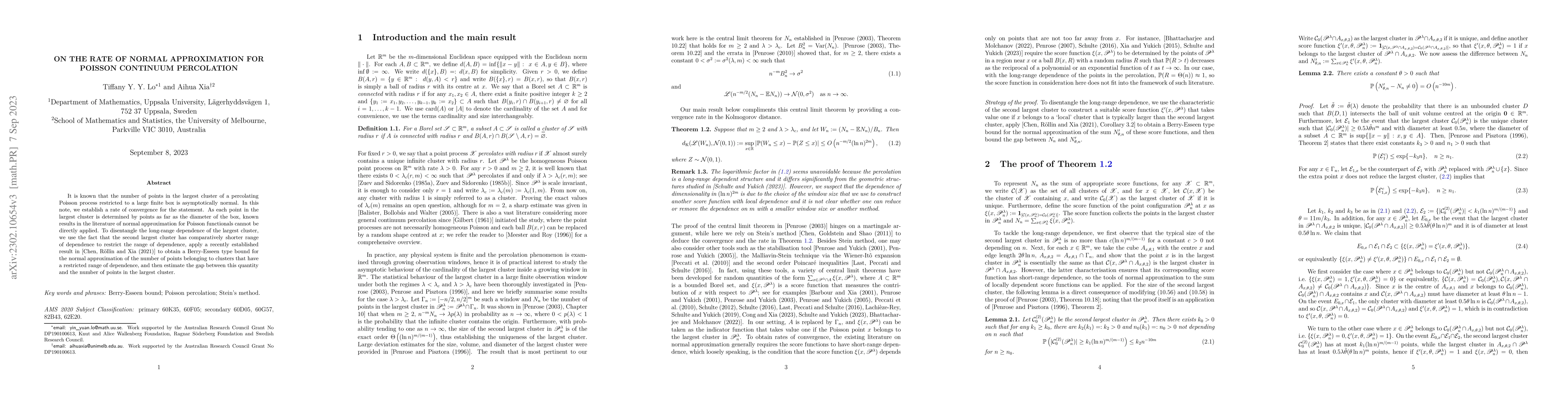 Thumbnail for On the rate of normal approximation for Poisson continuum percolation