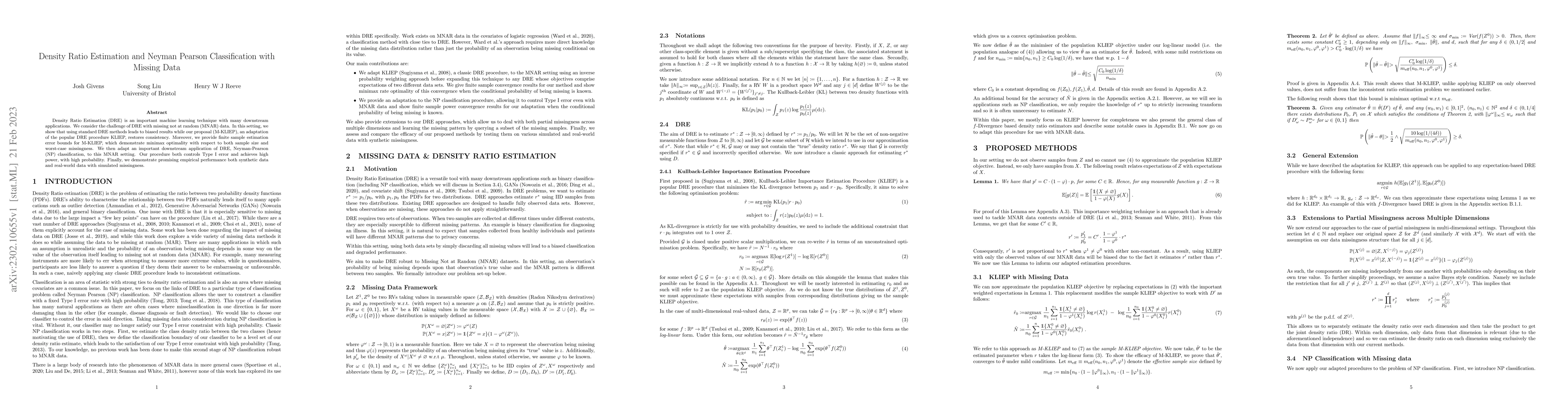 Thumbnail for Density Ratio Estimation and Neyman Pearson Classification with Missing
  Data