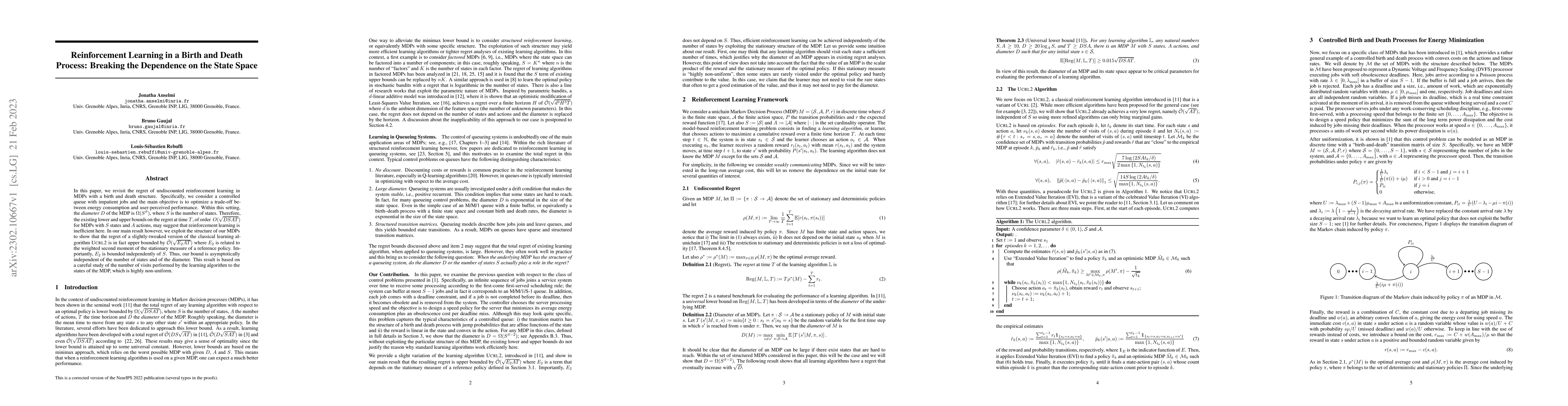 Thumbnail for Reinforcement Learning in a Birth and Death Process: Breaking the
  Dependence on the State Space