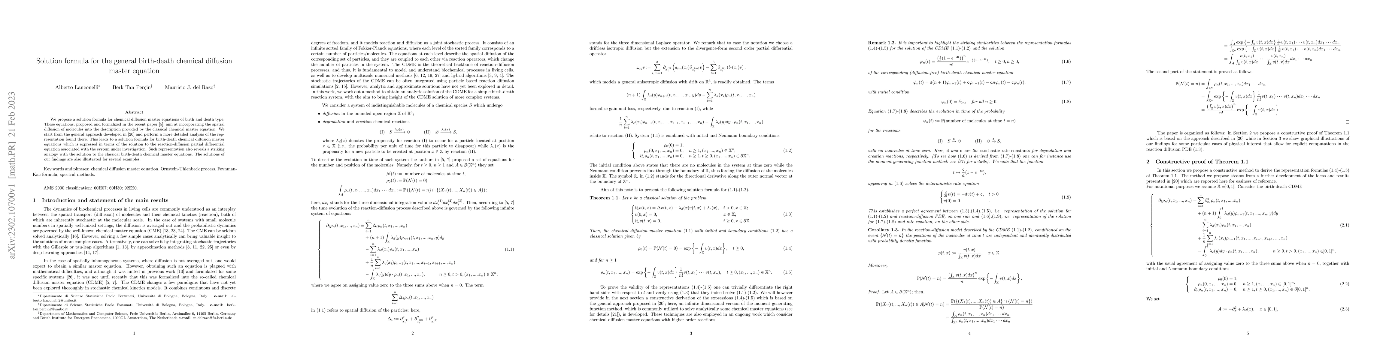 Thumbnail for Solution formula for the general birth-death chemical diffusion master
  equation