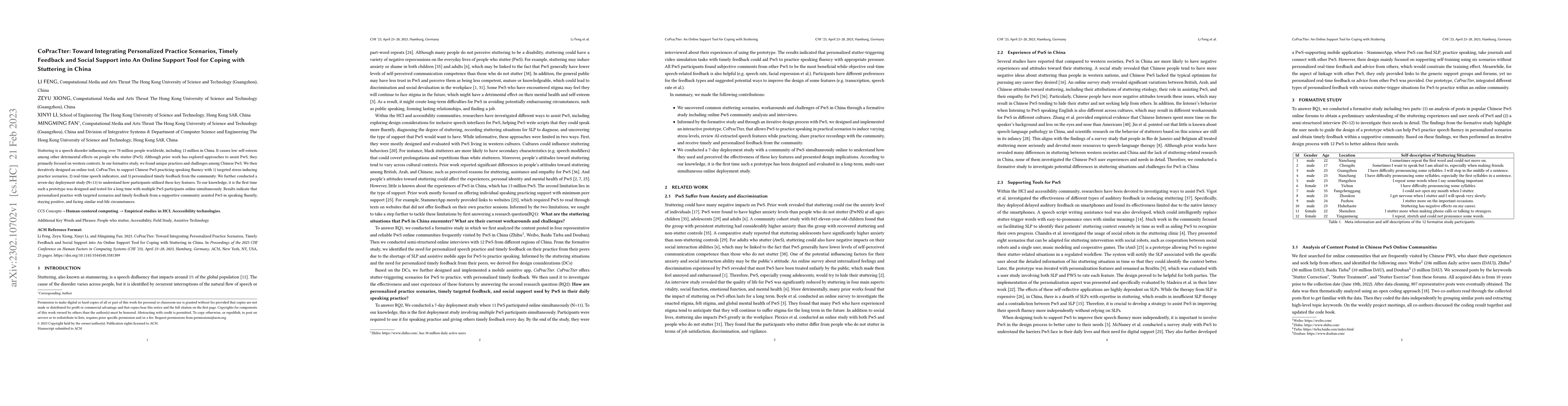 Thumbnail for CoPracTter: Toward Integrating Personalized Practice Scenarios, Timely
  Feedback and Social Support into An Online Support Tool for Coping with
  Stuttering in China