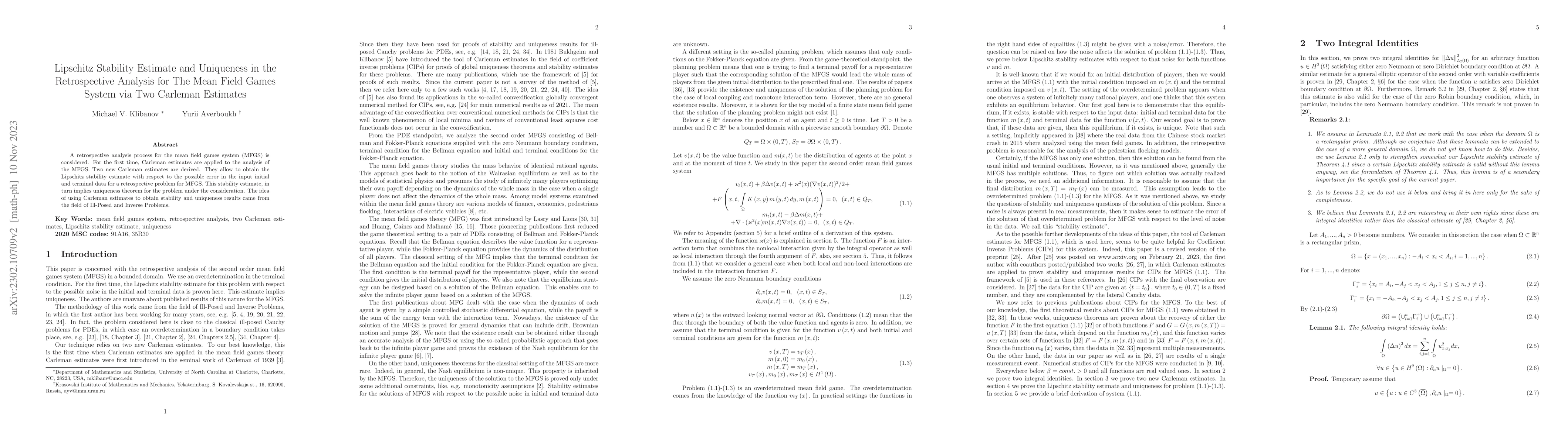 Thumbnail for Lipschitz Stability Estimate and Uniqueness in the Retrospective
  Analysis for The Mean Field Games System via Two Carleman Estimates