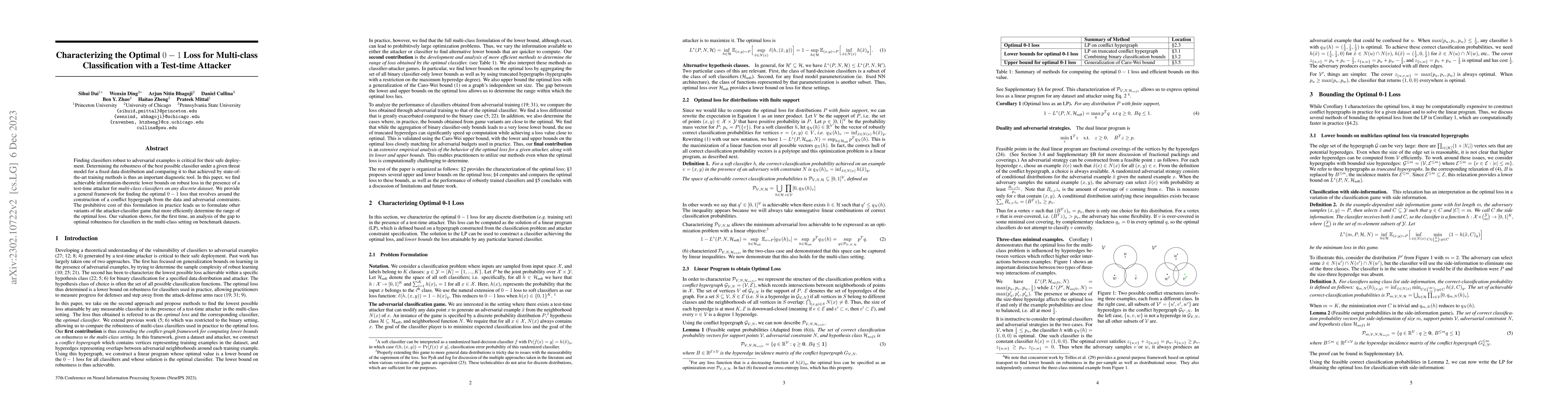 Thumbnail for Characterizing the Optimal 0-1 Loss for Multi-class Classification with
  a Test-time Attacker
