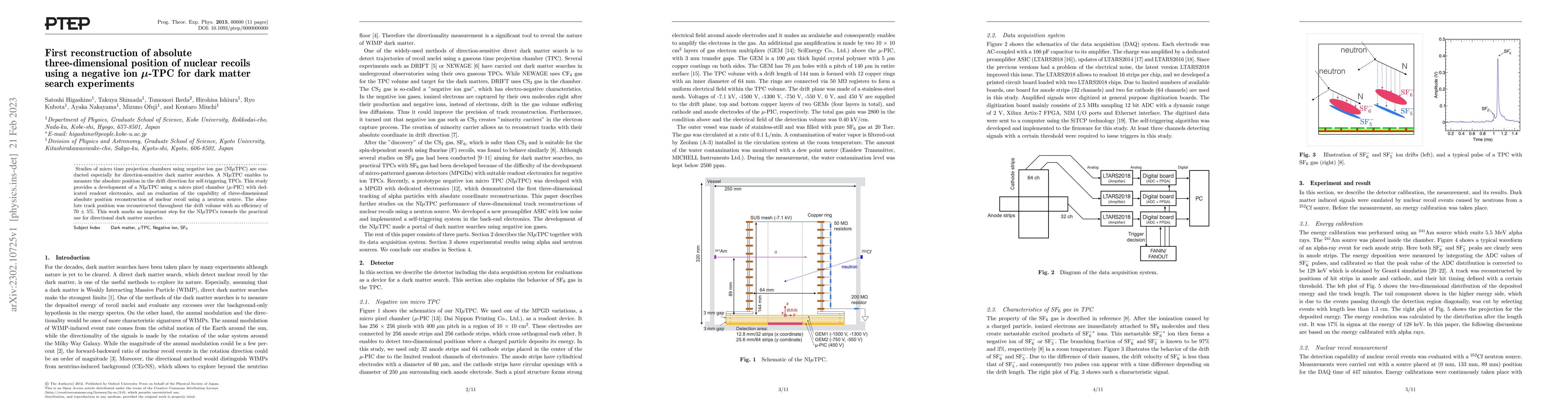 Thumbnail for First reconstruction of absolute three-dimensional position of nuclear
  recoils using a negative ion $\mu$-TPC for dark matter search experiments