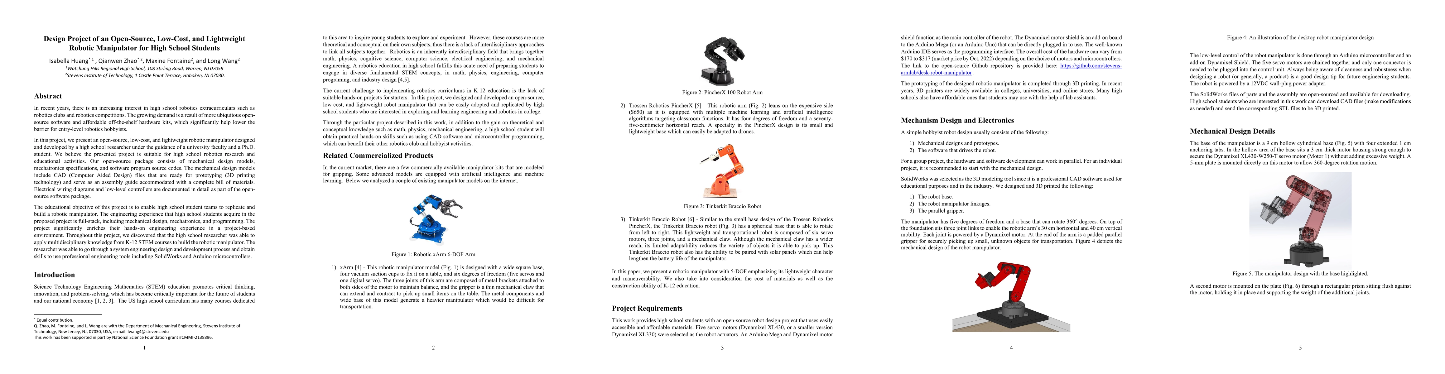 Thumbnail for Design Project of an Open-Source, Low-Cost, and Lightweight Robotic
  Manipulator for High School Students