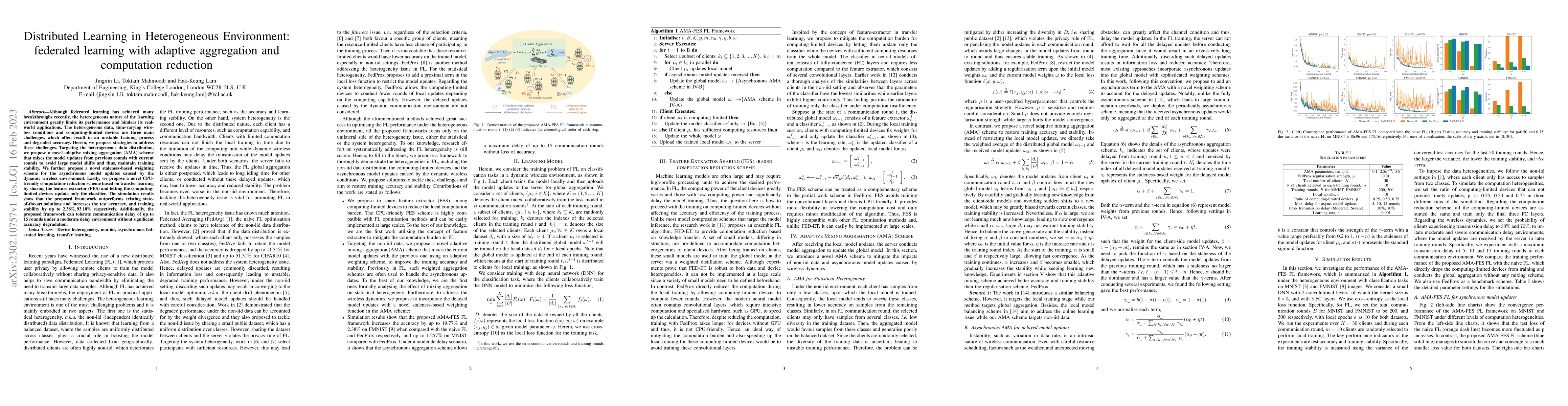Thumbnail for Distributed Learning in Heterogeneous Environment: federated learning
  with adaptive aggregation and computation reduction