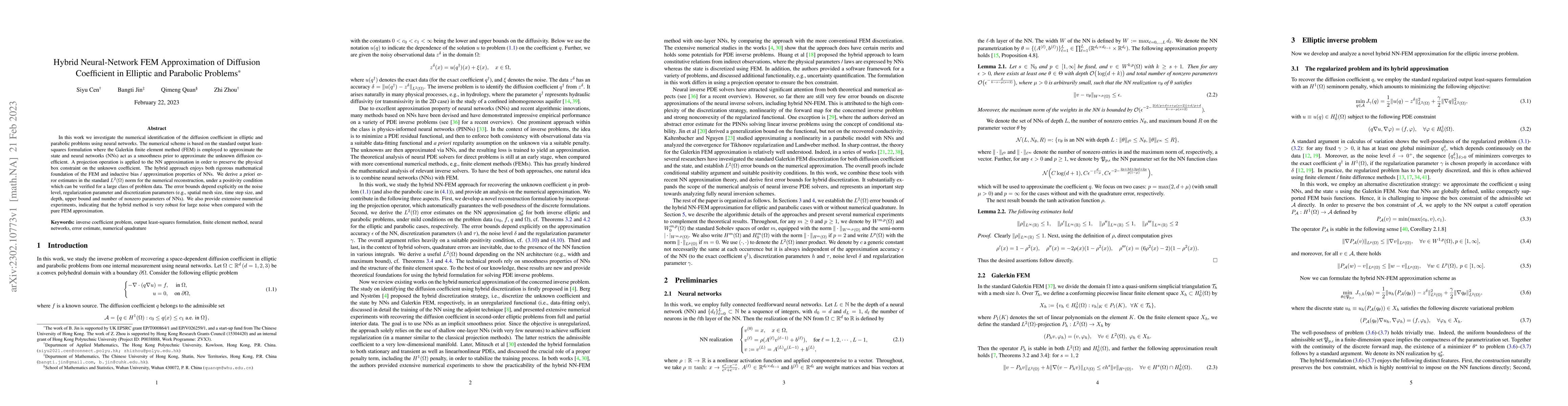 Thumbnail for Hybrid Neural-Network FEM Approximation of Diffusion Coefficient in
  Elliptic and Parabolic Problems