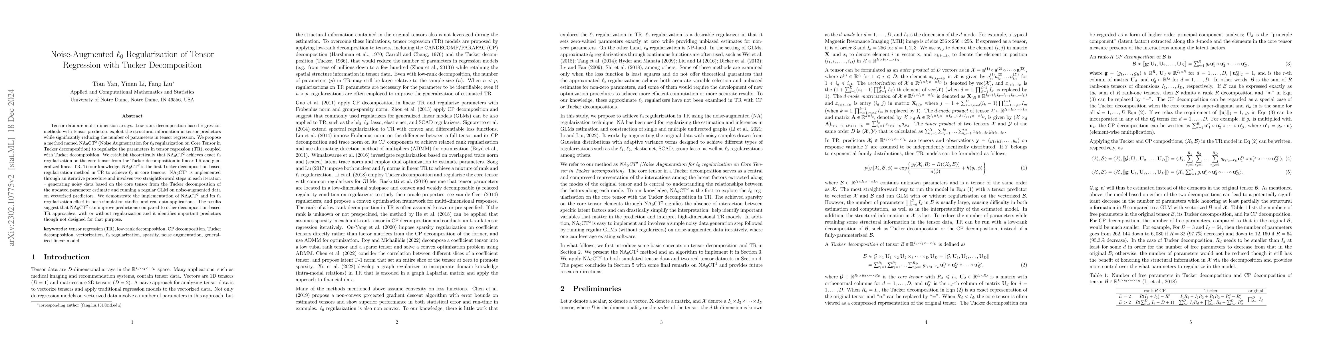 Thumbnail for Noise-Augmented $\ell_0$ Regularization of Tensor Regression with Tucker
  Decomposition