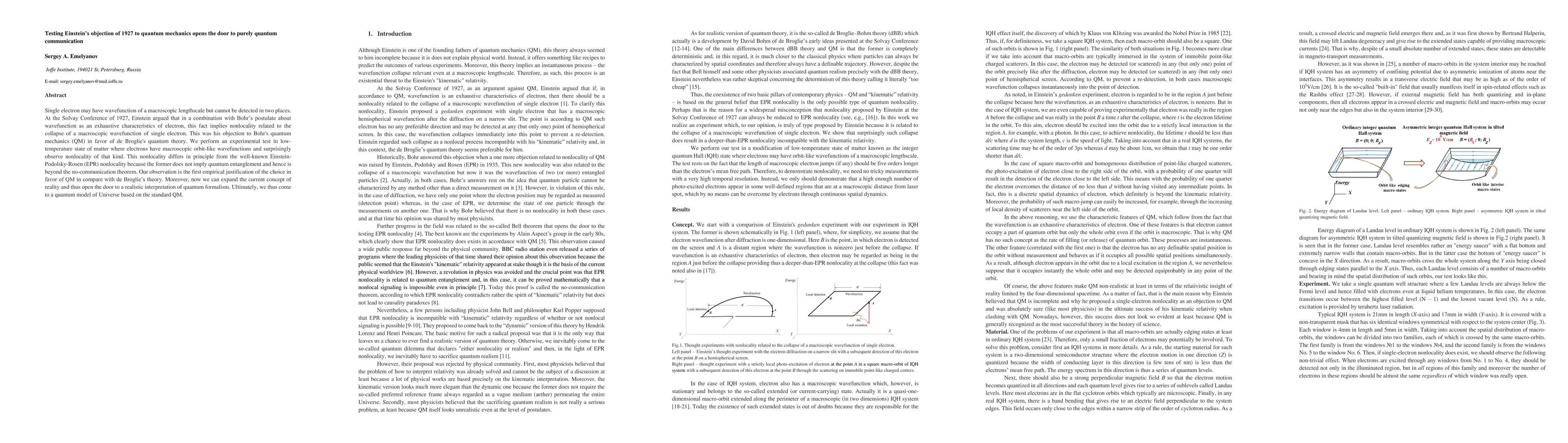 Thumbnail for Testing Einstein's objection of 1927 to quantum mechanics opens the door
  to purely quantum communication
