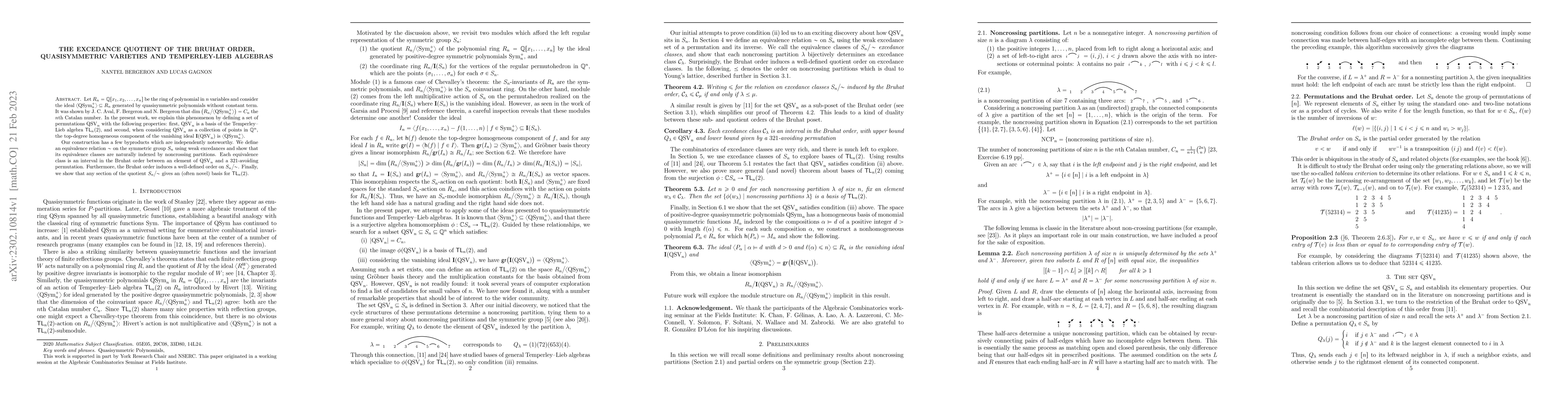 Thumbnail for The excedance quotient of the Bruhat order, Quasisymmetric Varieties and
  Temperley-Lieb algebras