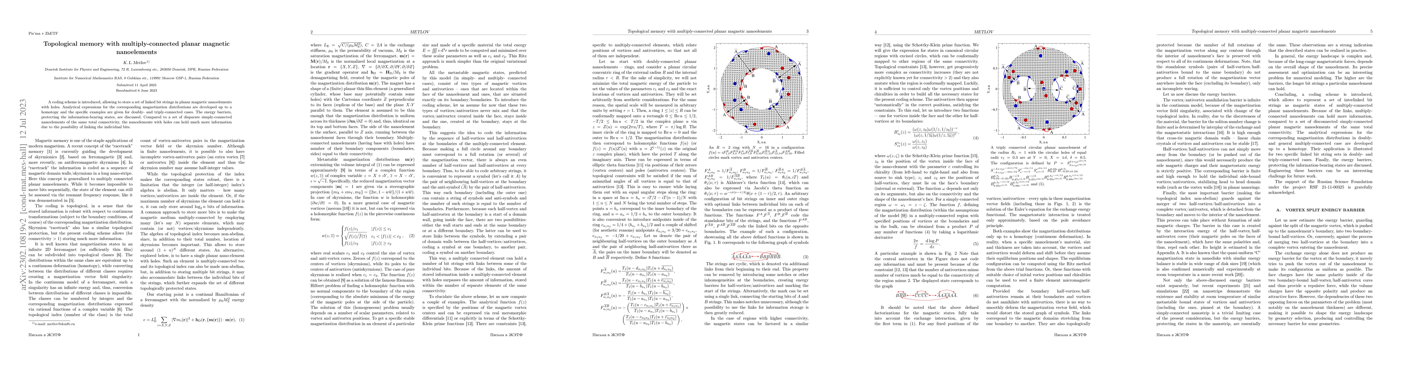 Thumbnail for Topological magnetic memory with multiply-connected planar magnetic
  nanoelements