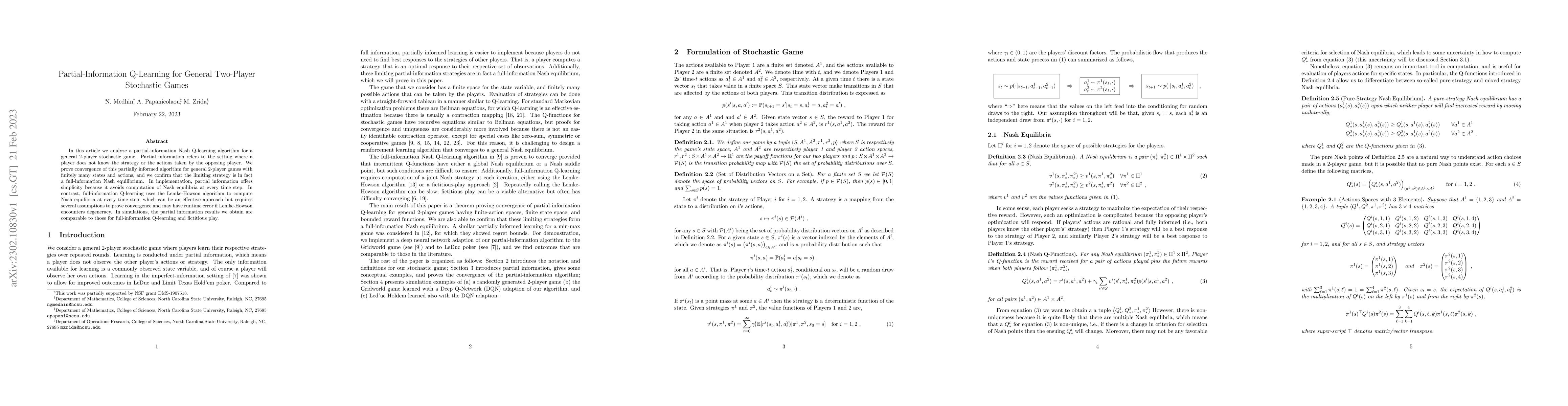 Thumbnail for Partial-Information Q-Learning for General Two-Player Stochastic Games