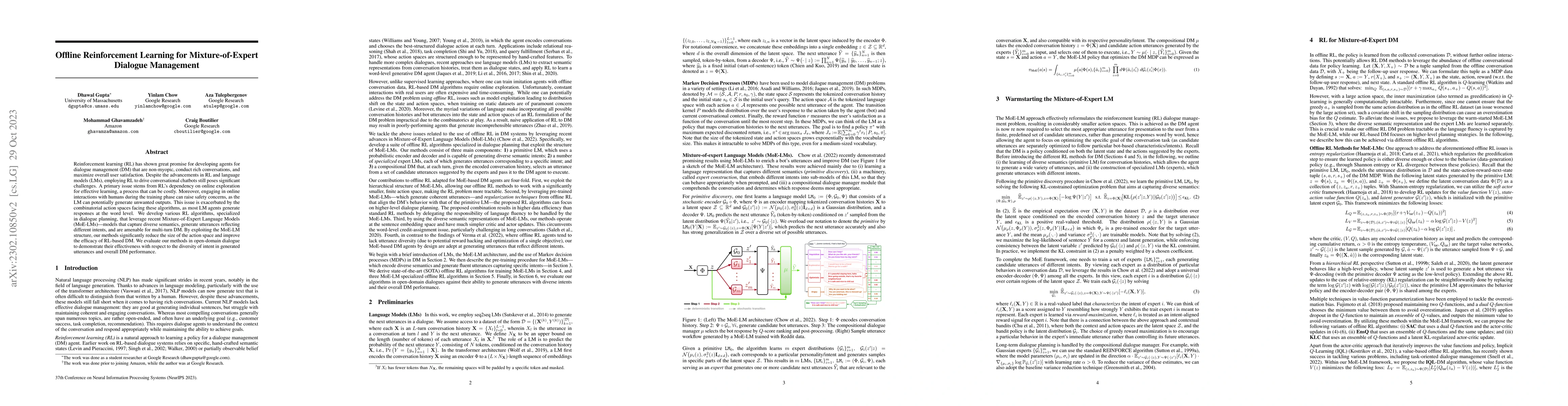 Thumbnail for Offline Reinforcement Learning for Mixture-of-Expert Dialogue Management
