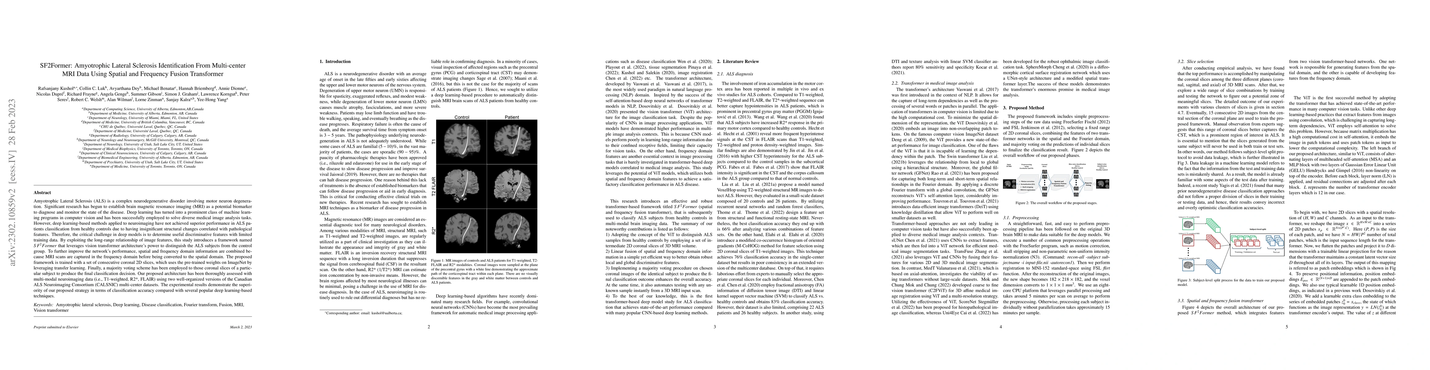 Thumbnail for SF2Former: Amyotrophic Lateral Sclerosis Identification From
  Multi-center MRI Data Using Spatial and Frequency Fusion Transformer