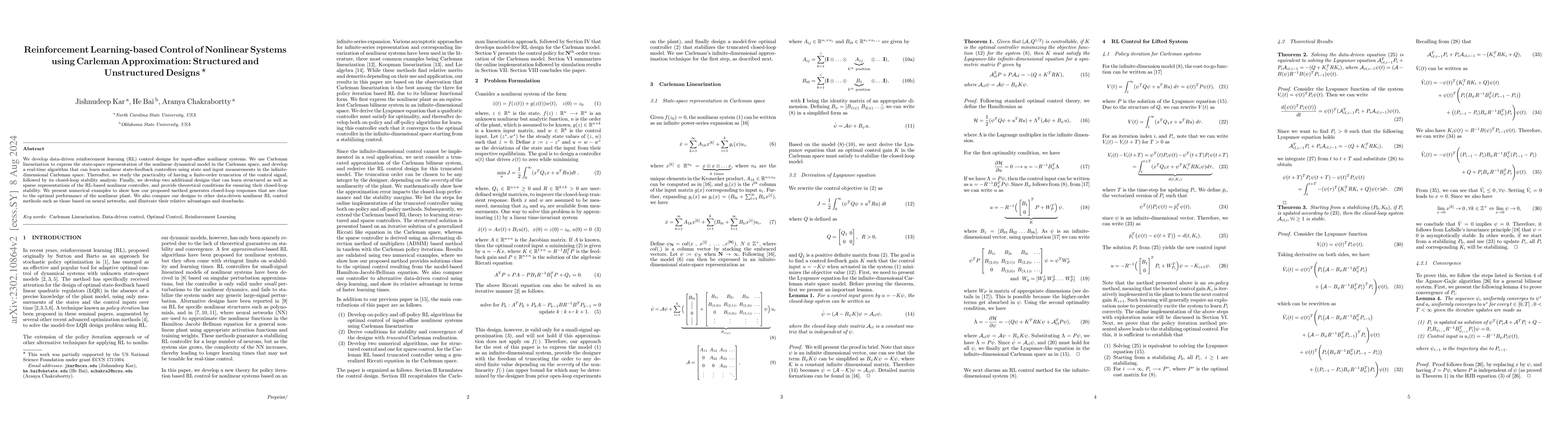 Thumbnail for Reinforcement Learning-based Control of Nonlinear Systems using Carleman
  Approximation: Structured and Unstructured Designs