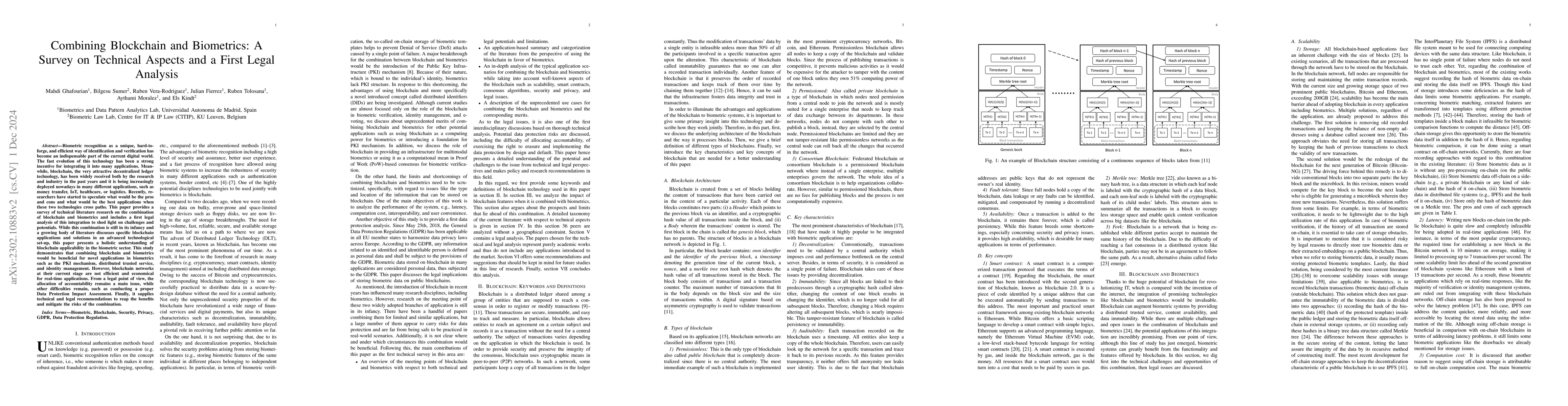 Thumbnail for Combining Blockchain and Biometrics: A Survey on Technical Aspects and a
  First Legal Analysis