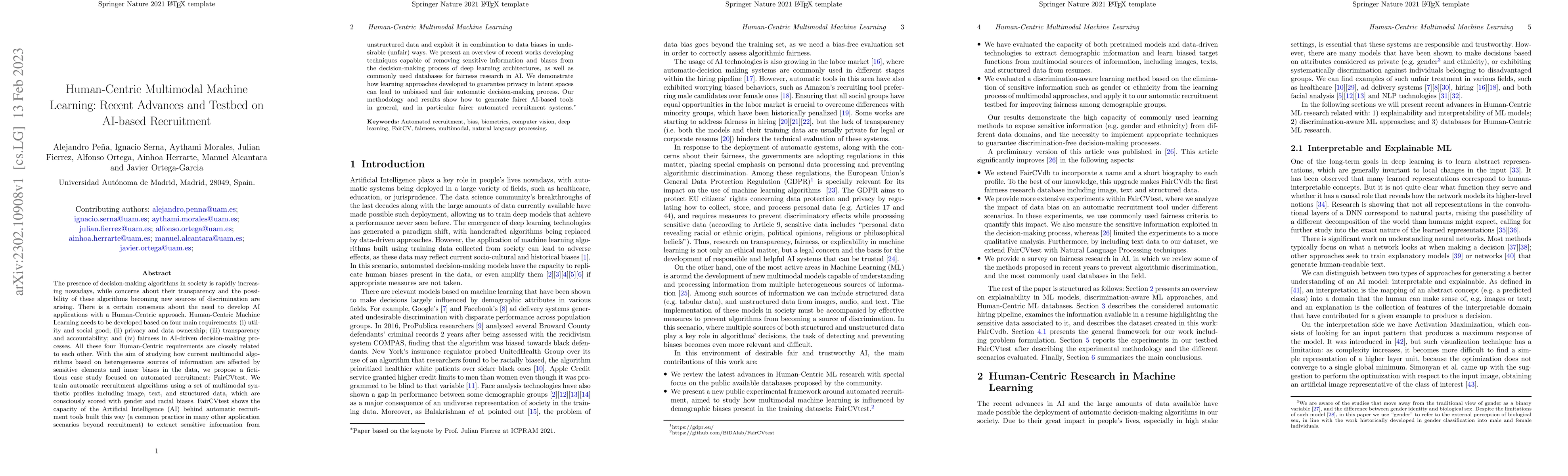Thumbnail for Human-Centric Multimodal Machine Learning: Recent Advances and Testbed
  on AI-based Recruitment