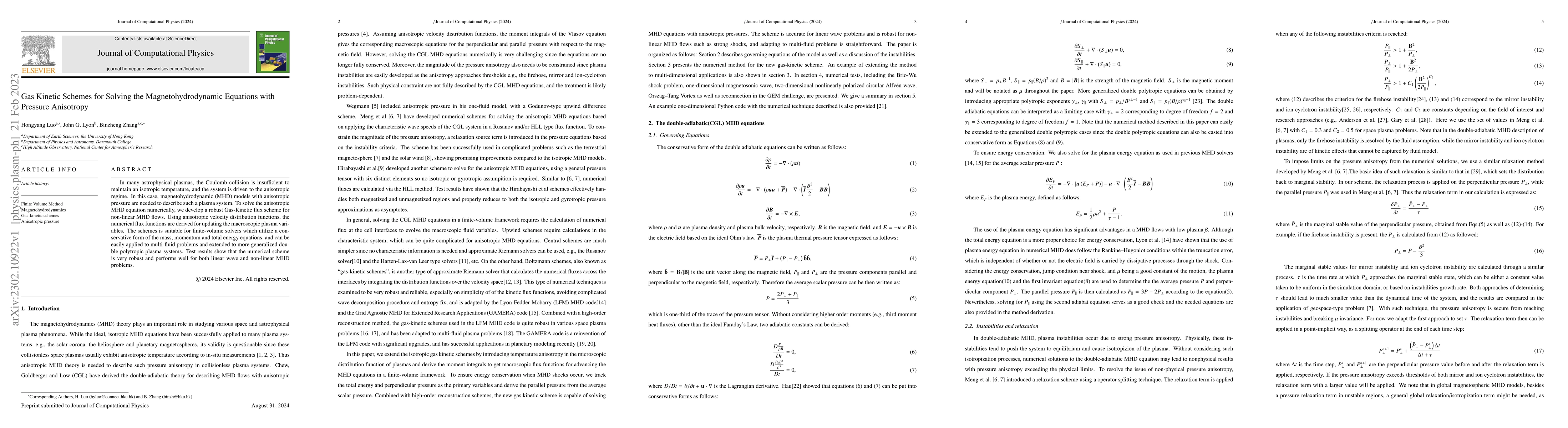 Thumbnail for Gas Kinetic Schemes for Solving the Magnetohydrodynamic Equations with
  Pressure Anisotropy