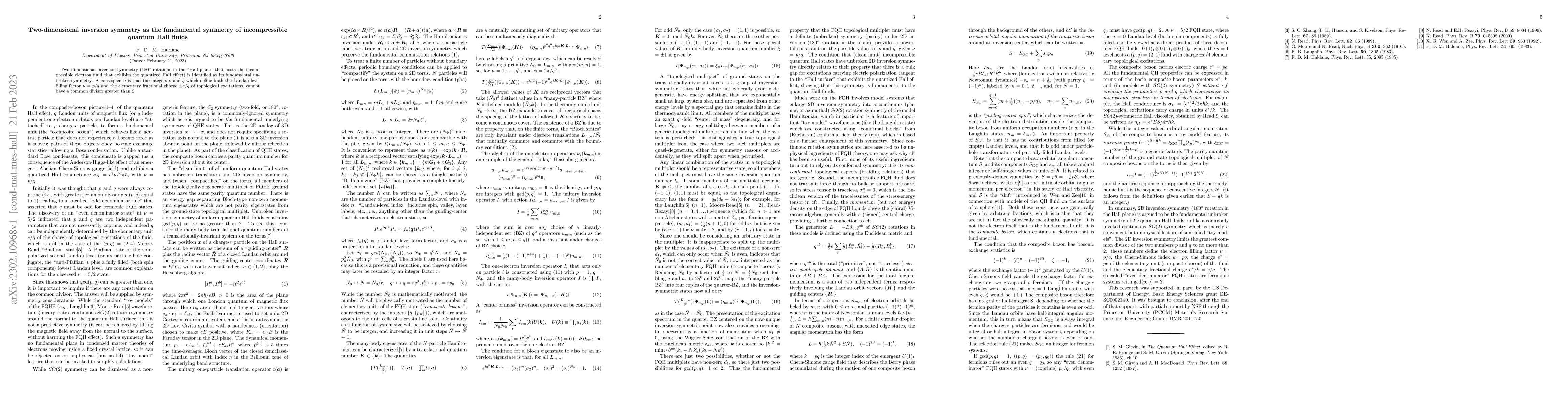 Thumbnail for Two-dimensional inversion symmetry as the fundamental symmetry of
  incompressible quantum Hall fluids