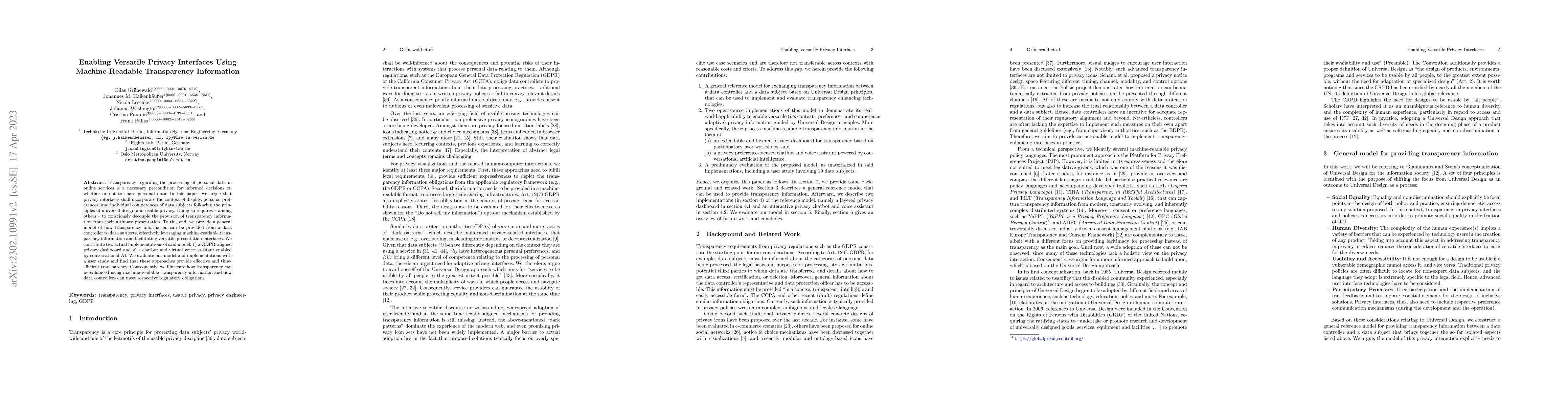 Thumbnail for Enabling Versatile Privacy Interfaces Using Machine-Readable
  Transparency Information