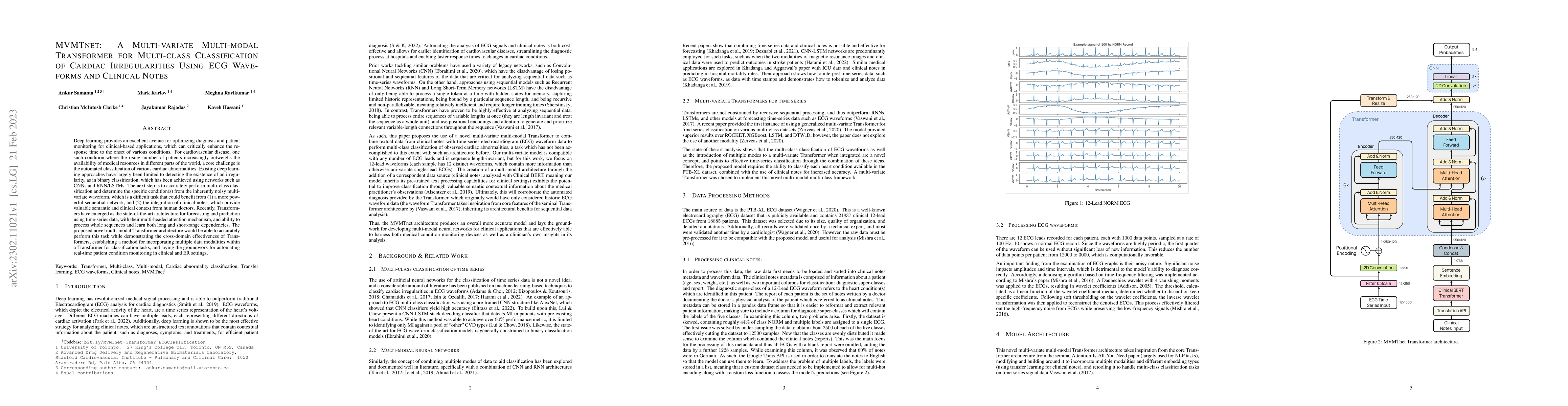 Thumbnail for MVMTnet: A Multi-variate Multi-modal Transformer for Multi-class
  Classification of Cardiac Irregularities Using ECG Waveforms and Clinical
  Notes