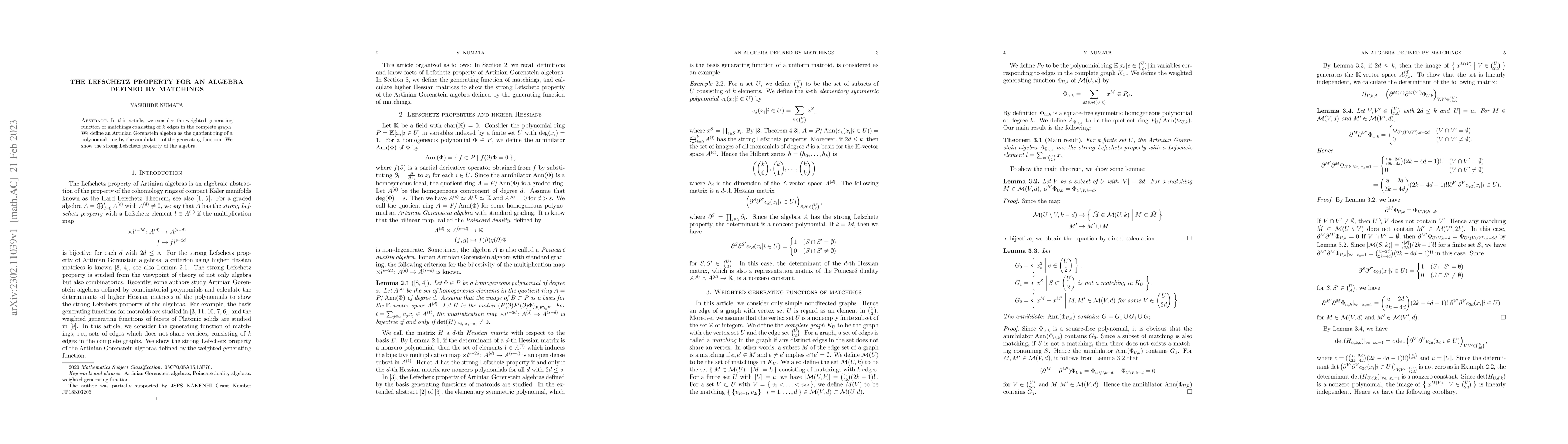 Thumbnail for The Lefschetz property for an algebra defined by matchings