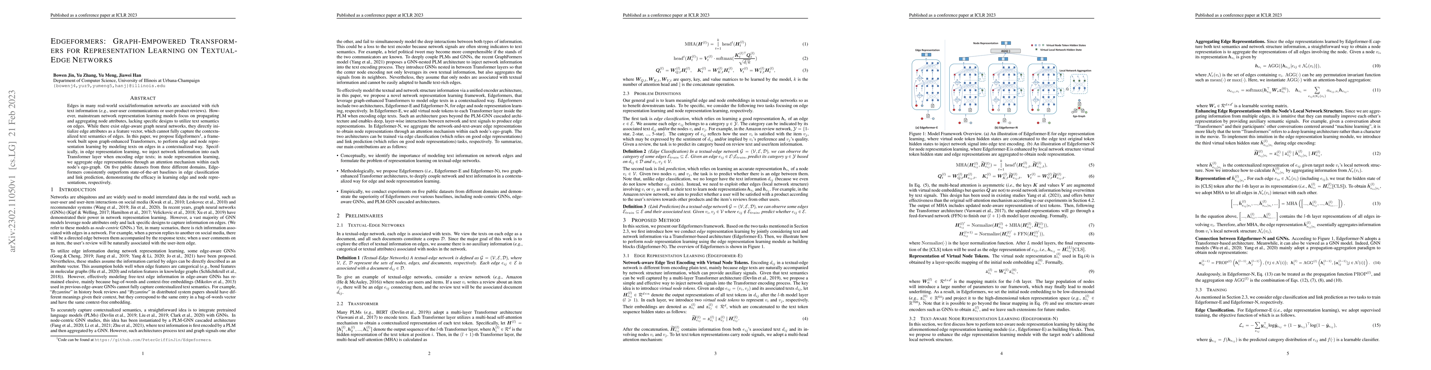 Thumbnail for Edgeformers: Graph-Empowered Transformers for Representation Learning on
  Textual-Edge Networks