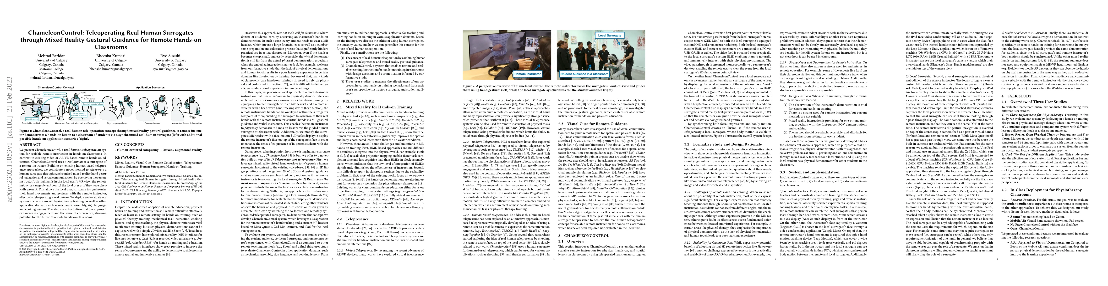 Thumbnail for ChameleonControl: Teleoperating Real Human Surrogates through Mixed
  Reality Gestural Guidance for Remote Hands-on Classrooms