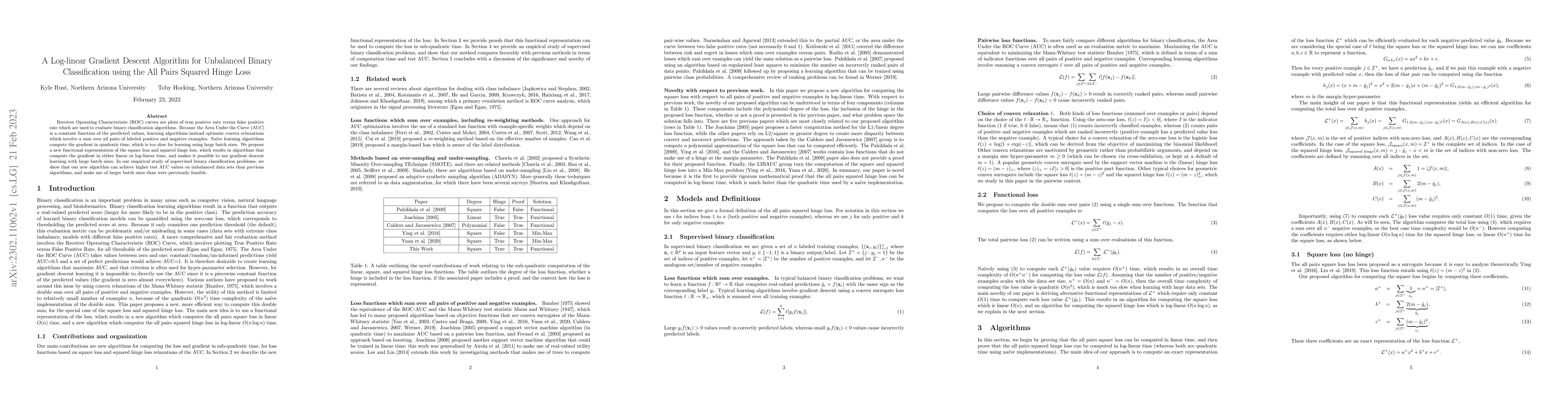 Thumbnail for A Log-linear Gradient Descent Algorithm for Unbalanced Binary
  Classification using the All Pairs Squared Hinge Loss