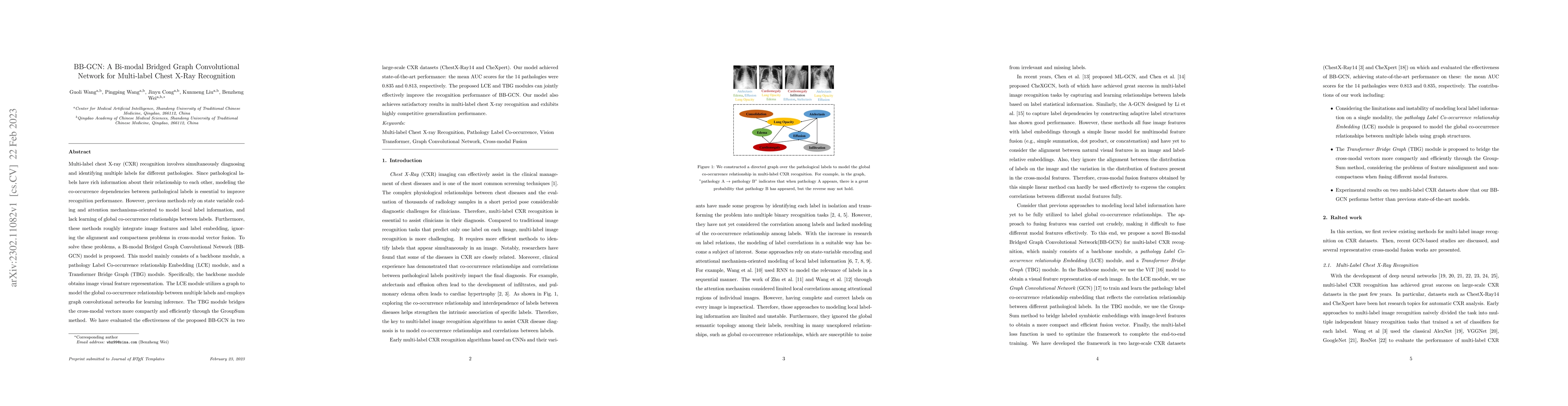 Thumbnail for BB-GCN: A Bi-modal Bridged Graph Convolutional Network for Multi-label
  Chest X-Ray Recognition