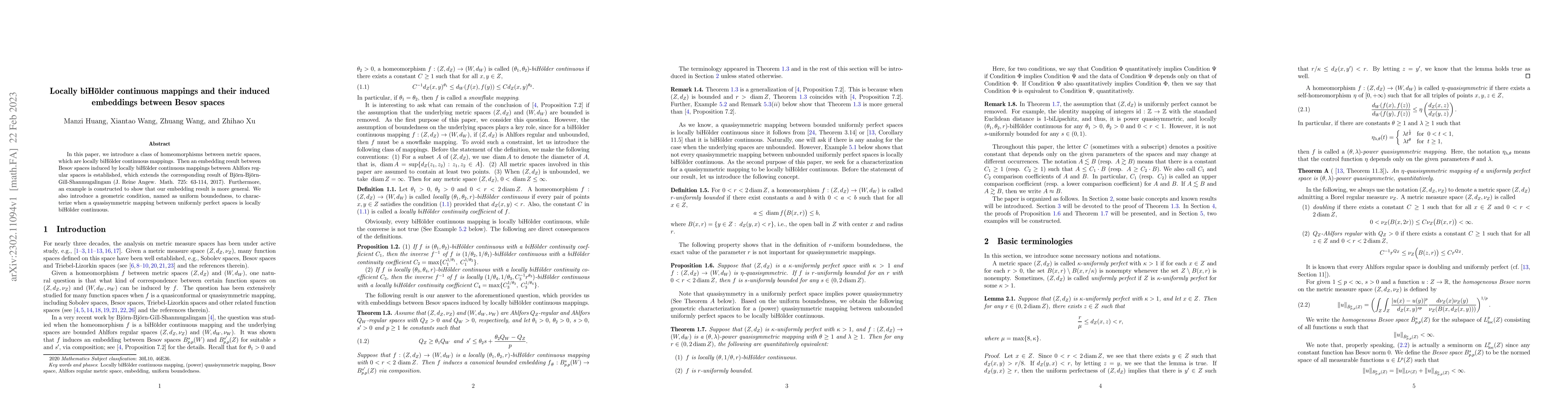 Thumbnail for Locally biH\"{o}lder continuous mappings and their induced embeddings
  between Besov spaces