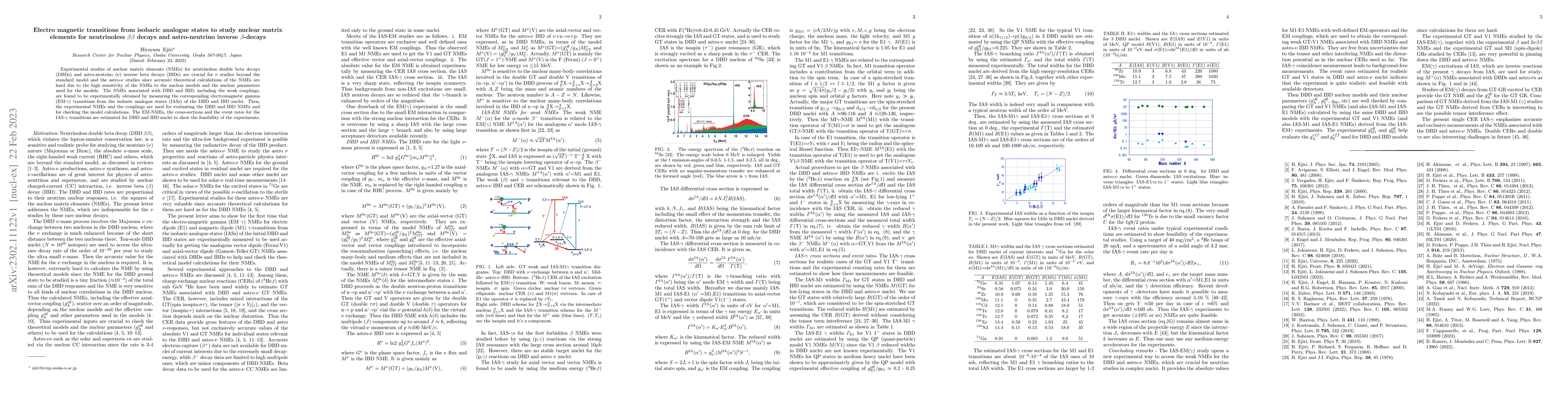 Thumbnail for Electromagnetic transitions from isobaric analogue states to study
  nuclear matrix elements for double beta decays and astro-neutrino inverse
  beta decays