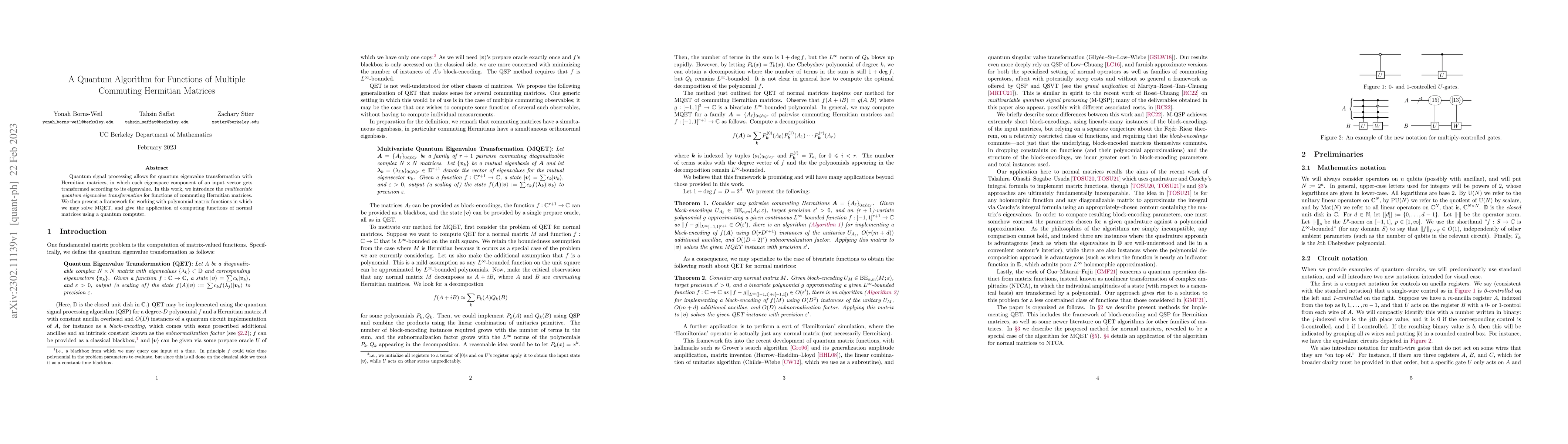 Thumbnail for A Quantum Algorithm for Functions of Multiple Commuting Hermitian
  Matrices