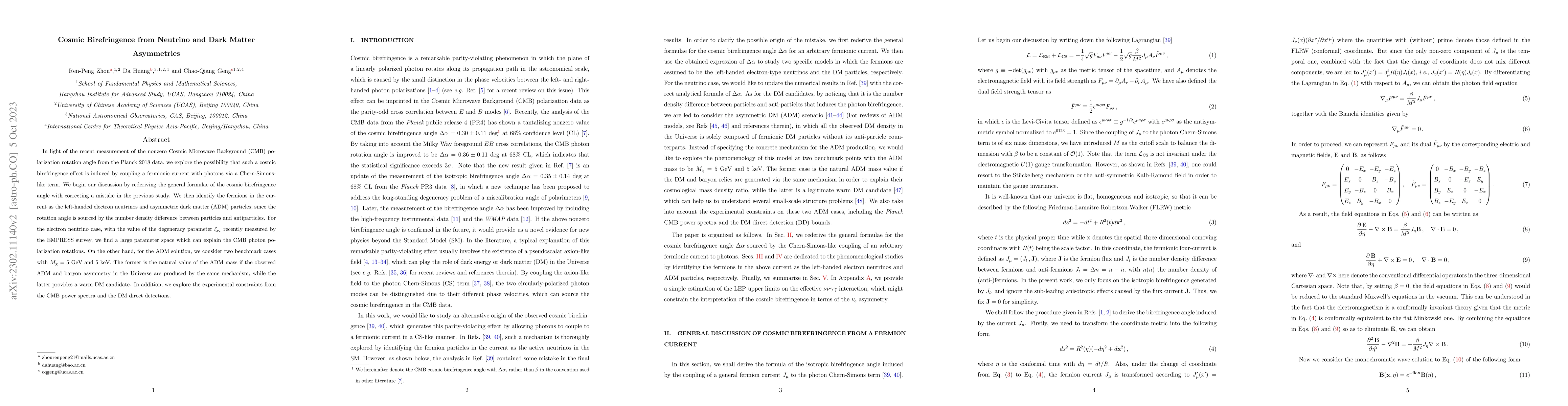 Thumbnail for Cosmic Birefringence from Neutrino and Dark Matter Asymmetries