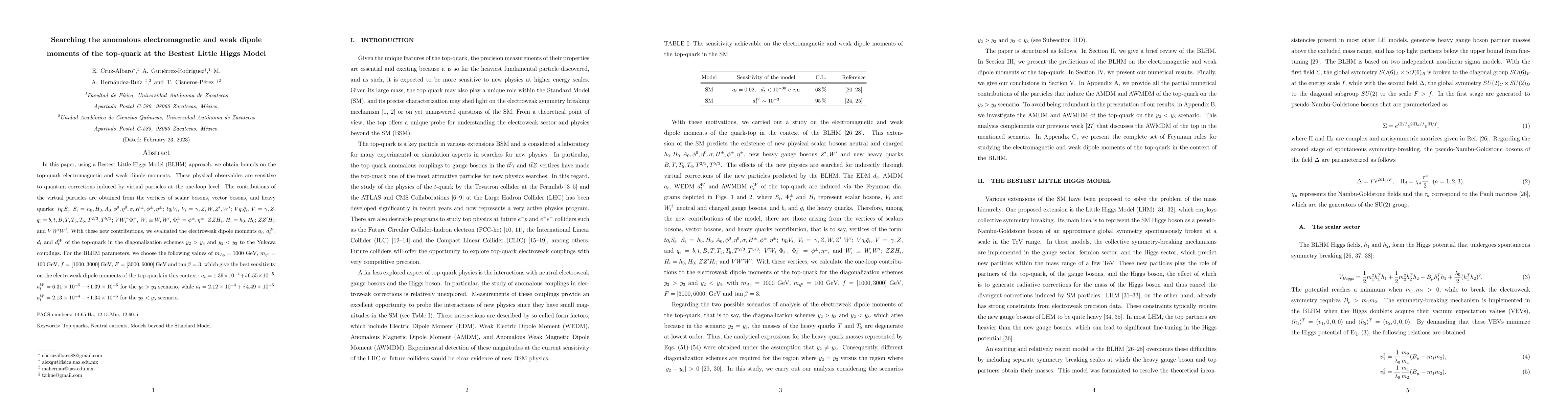 Thumbnail for Searching the anomalous electromagnetic and weak dipole moments of the
  top-quark at the Bestest Little Higgs Model
