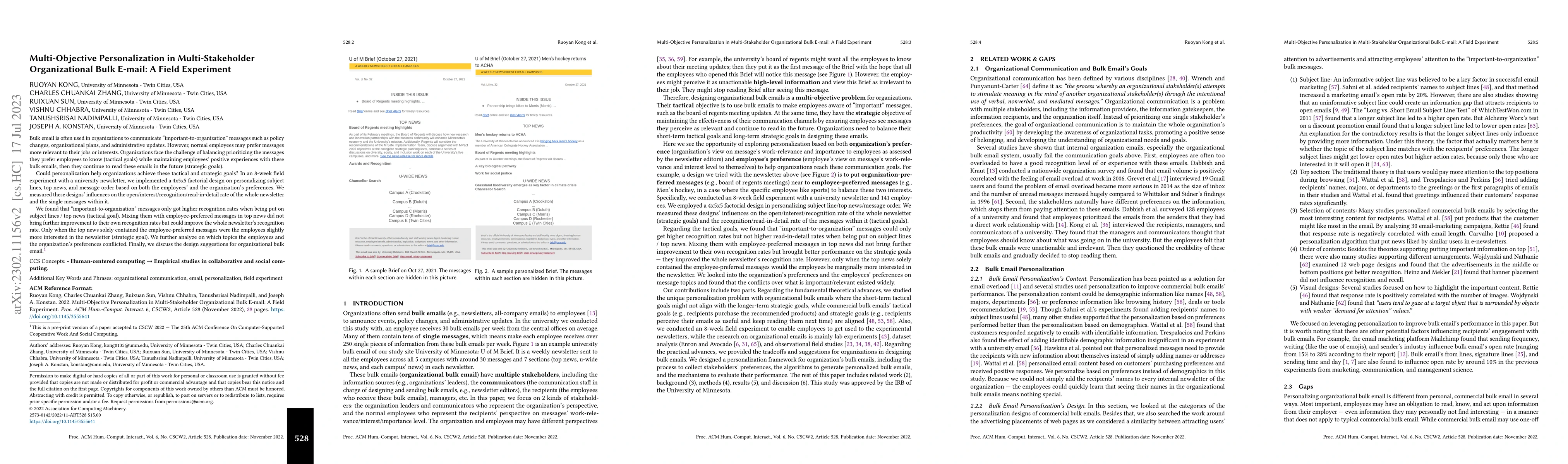 Thumbnail for Multi-Objective Personalization in Multi-Stakeholder Organizational Bulk
  E-mail: A Field Experiment