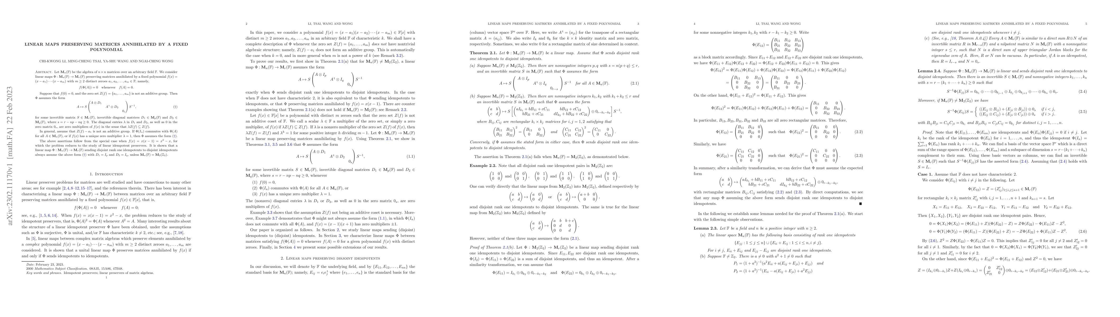 Thumbnail for Linear maps preserving matrices annihilated by a fixed polynomial