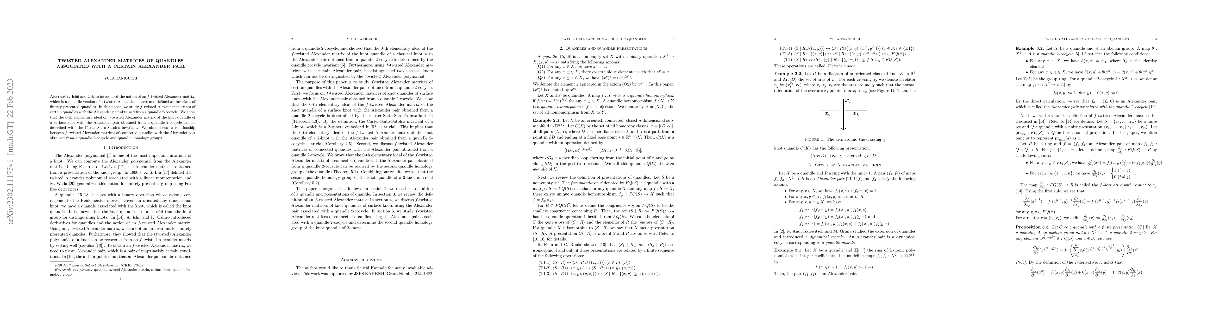 Thumbnail for Twisted Alexander matrices of quandles associated with a certain
  Alexander pair