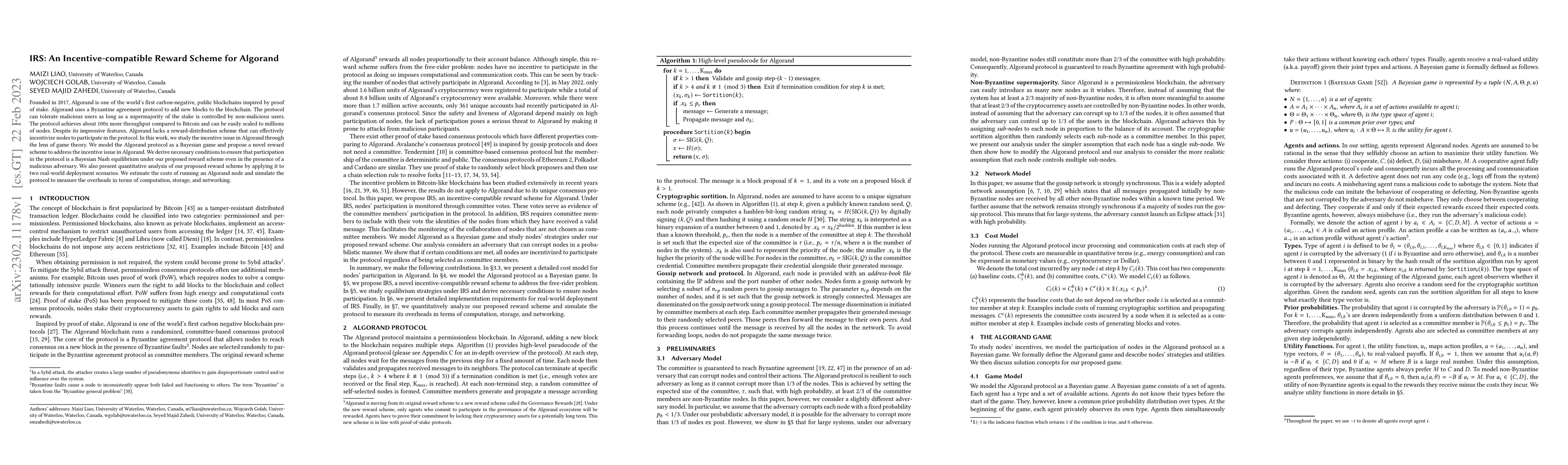 Thumbnail for IRS: An Incentive-compatible Reward Scheme for Algorand