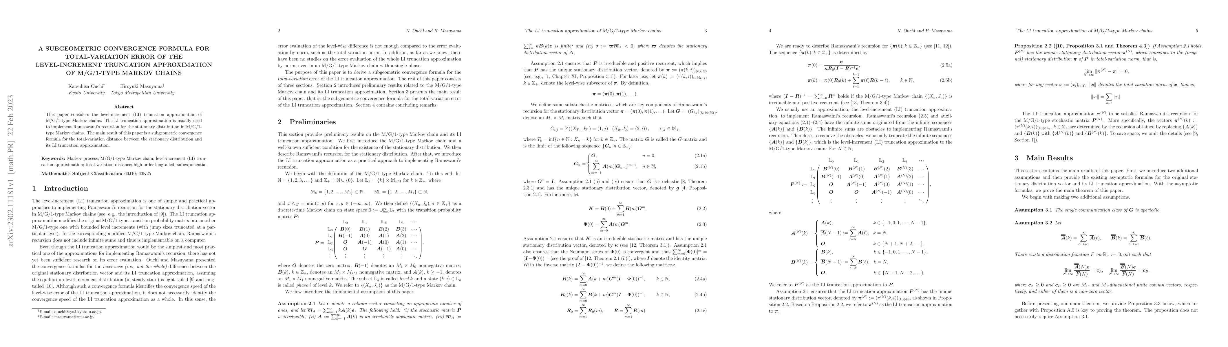 Thumbnail for A Subgeometric Convergence Formula for Total-variation Error of the
  Level-increment Truncation Approximation of M/G/1-type Markov Chains