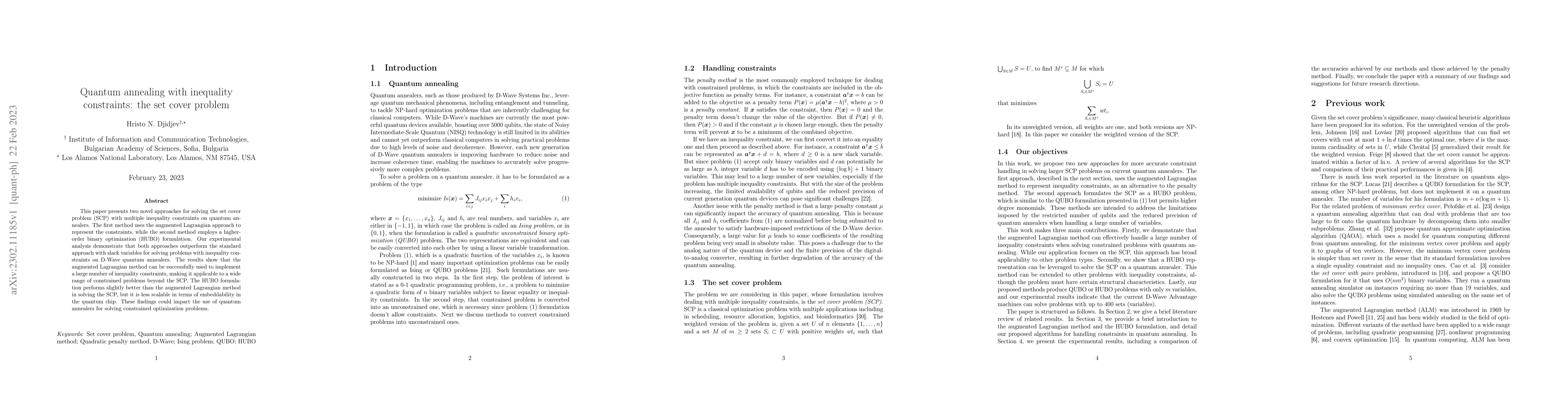 Thumbnail for Quantum annealing with inequality constraints: the set cover problem