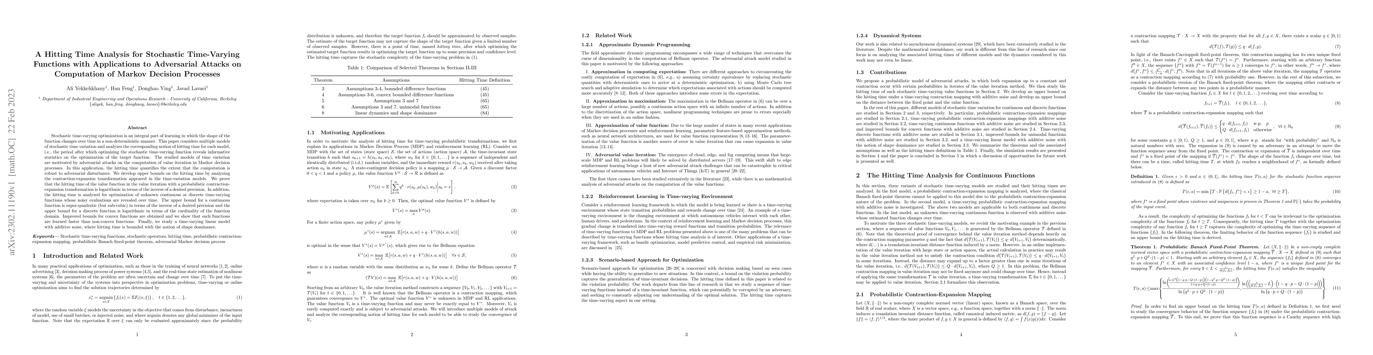 Thumbnail for A Hitting Time Analysis for Stochastic Time-Varying Functions with
  Applications to Adversarial Attacks on Computation of Markov Decision
  Processes