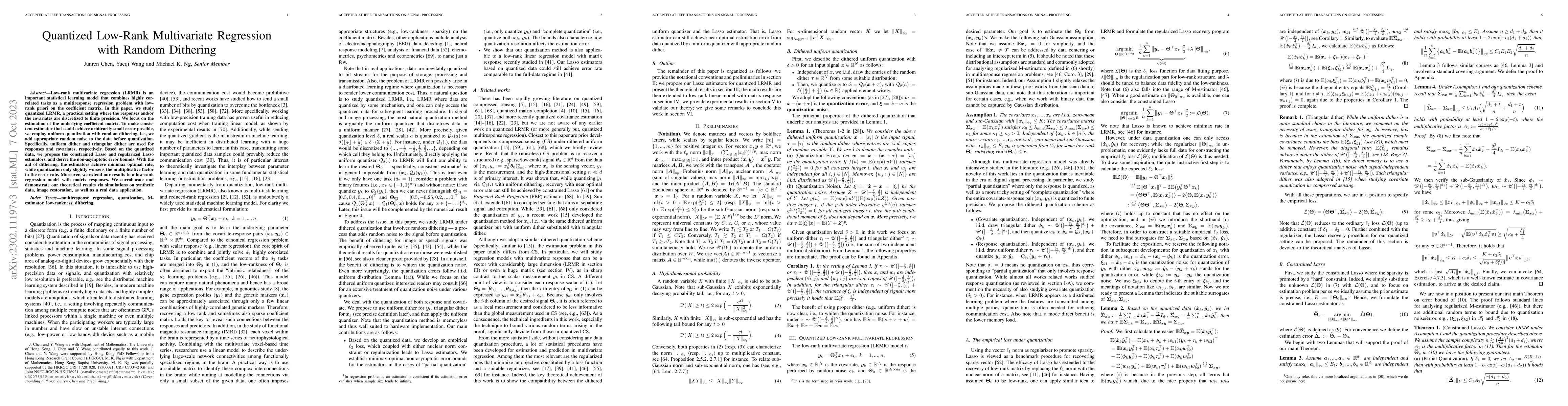 Thumbnail for Quantized Low-Rank Multivariate Regression with Random Dithering