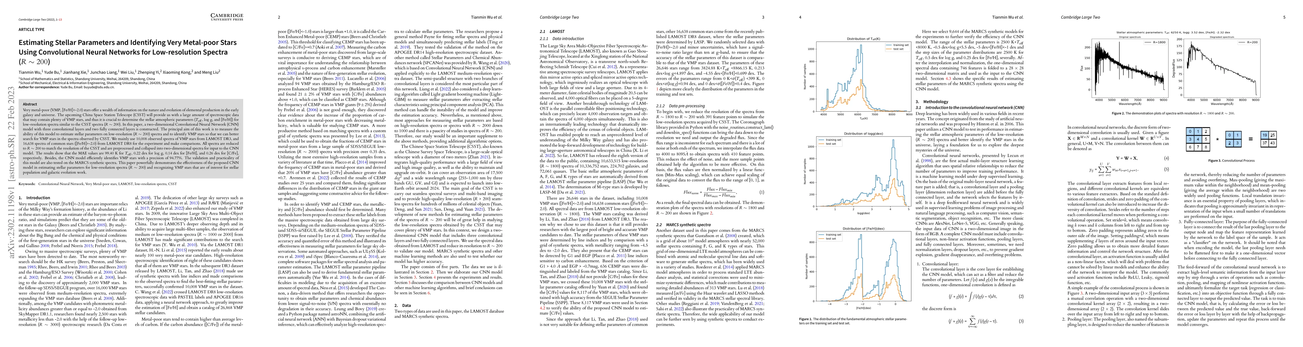 Thumbnail for Estimating Stellar Parameters and Identifying Very Metal-poor Stars
  Using Convolutional Neural Networks for Low-resolution Spectra (R~200)