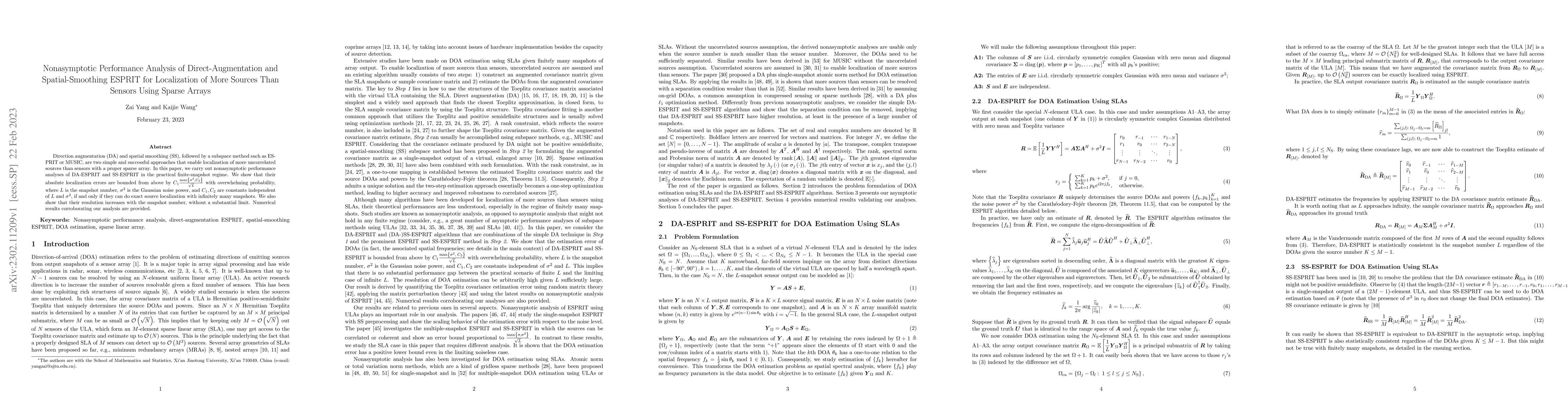 Thumbnail for Nonasymptotic Performance Analysis of Direct-Augmentation and
  Spatial-Smoothing ESPRIT for Localization of More Sources Than Sensors Using
  Sparse Arrays