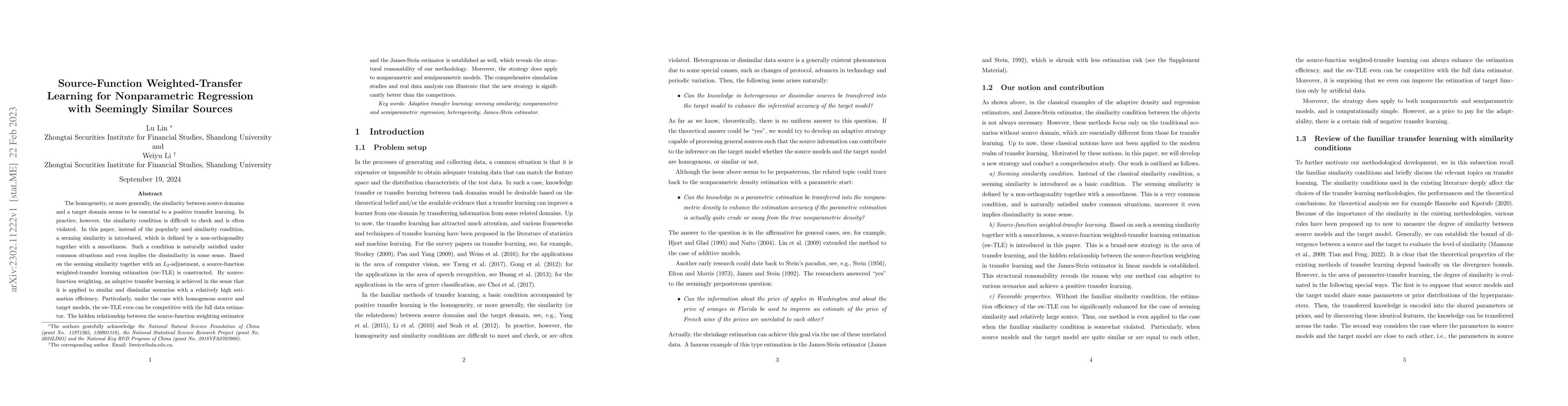 Thumbnail for Source-Function Weighted-Transfer Learning for Nonparametric Regression
  with Seemingly Similar Sources